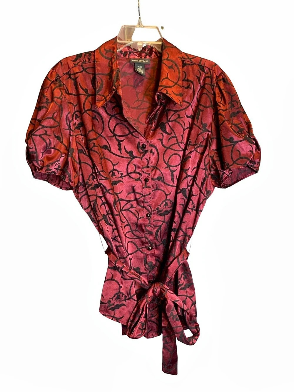 Lane Bryant Abstract Print Tie Front Blouse Red with black velvet print